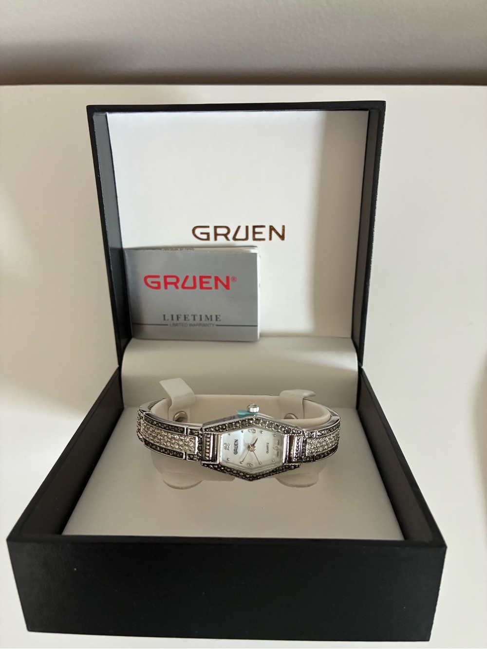 Gruen Women's Silver Marcasite Crystal Bracelet Watch-Pearl White Dial - NWT/Box